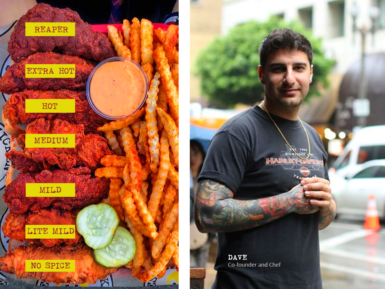 Phot of Co-Founder and Chef, Dave Kopushyan, with a photo of the spice levels of Dave's Hot Chicken.